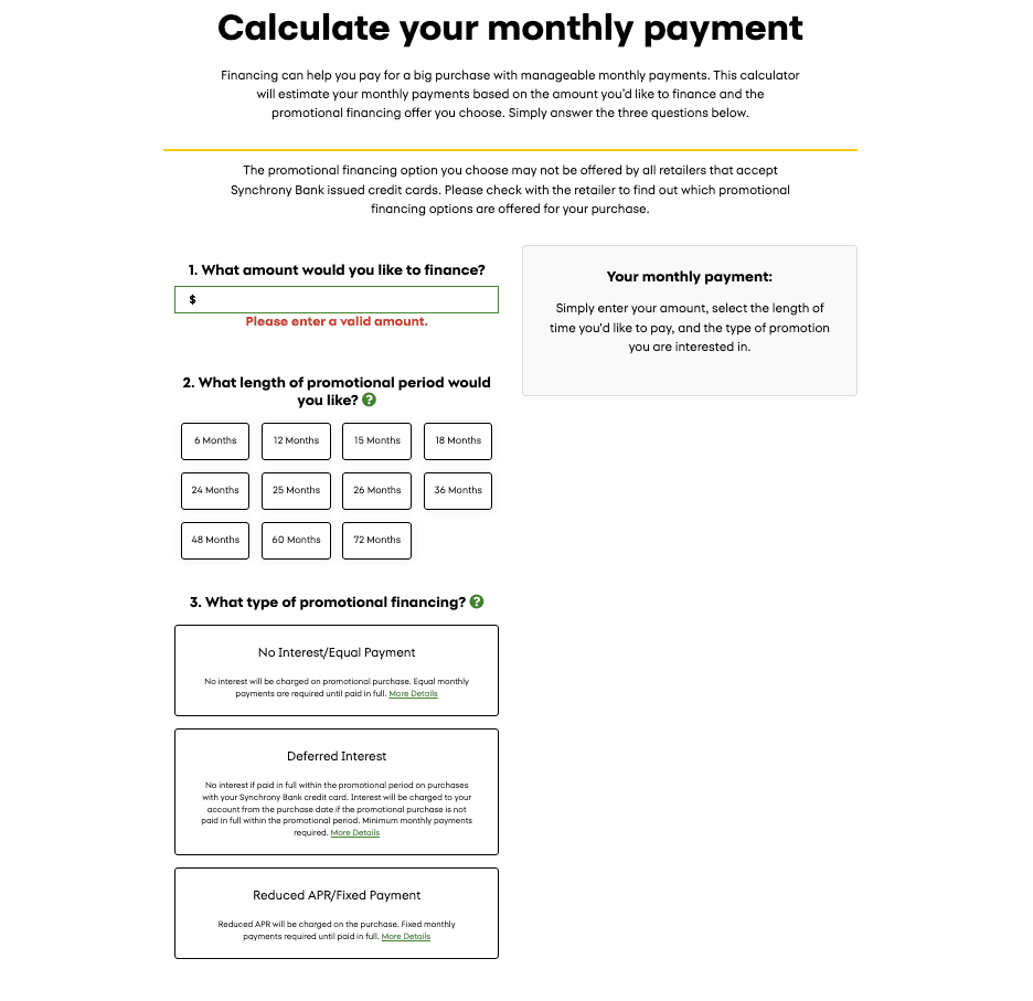 Synchrony loan payment calculator.